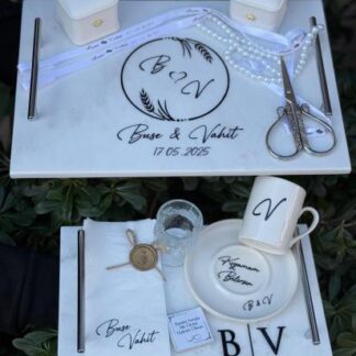 Siyah Yazi Tasarimli Mermer Tepsi Soz Nisan Seti