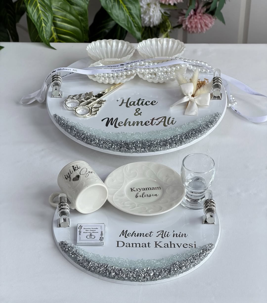 Gümüş Işıltılı Pleksi Söz Tepsisi Damat Kahvesi Seti modeli