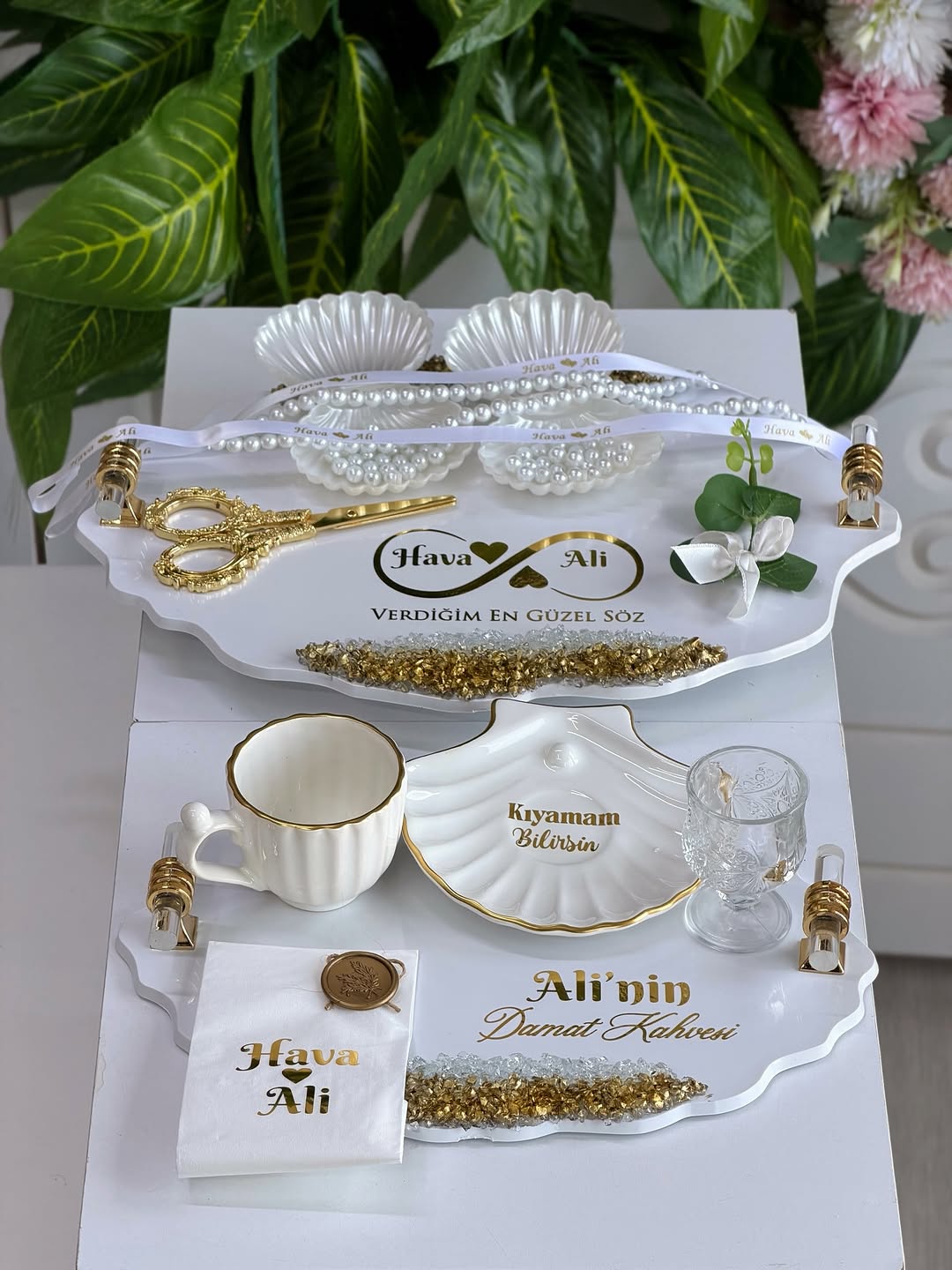 Taşlı Pleksi Söz Tepsisi Damat Kahvesi Seti modeli