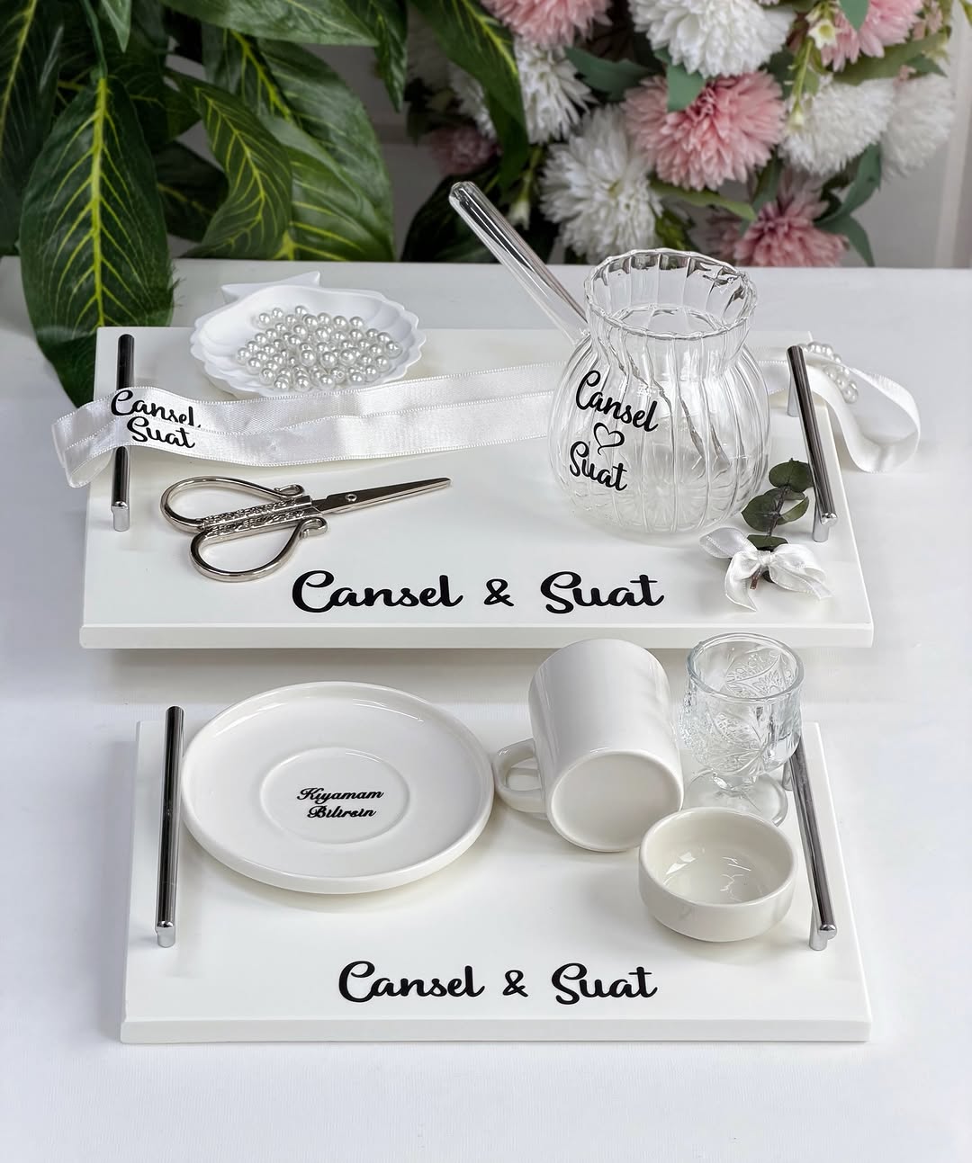 mermer nişan tepsi seti siyah yazılı cezveli minimal model