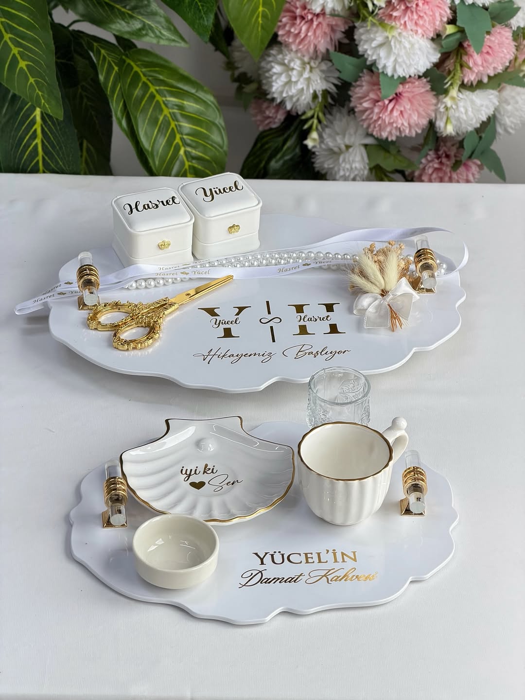 İstiridye Pleksi Söz Tepsisi Damat Kahvesi Seti modeli