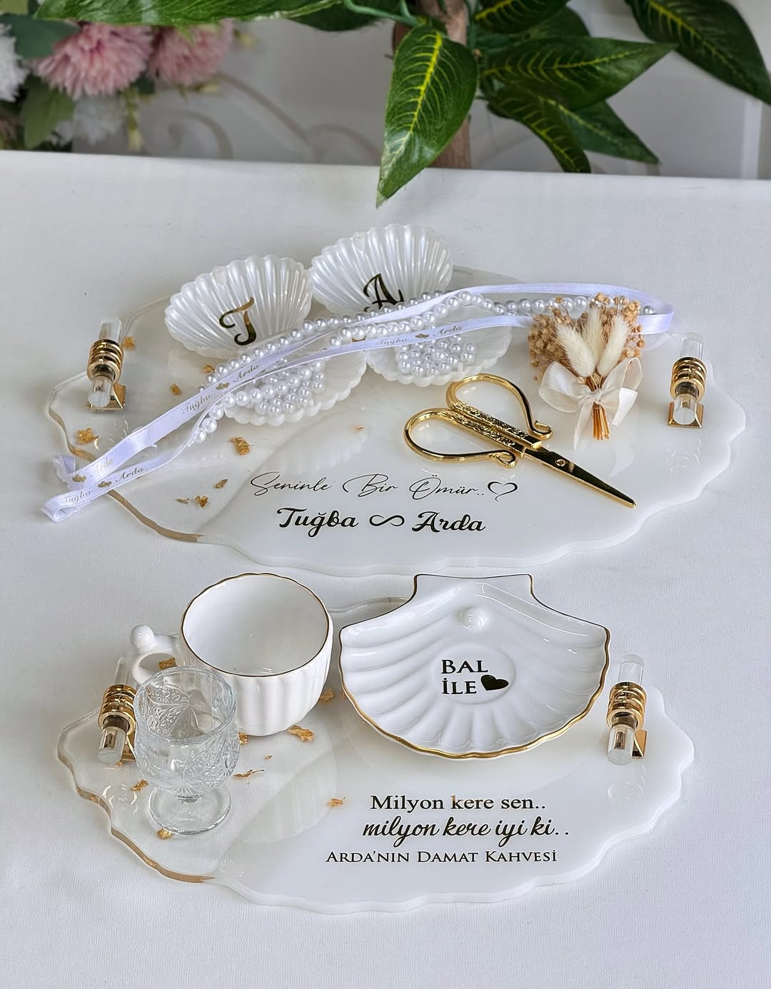 Beyaz Gold Epoksi Söz Tepsisi Damat Kahvesi Seti modeli