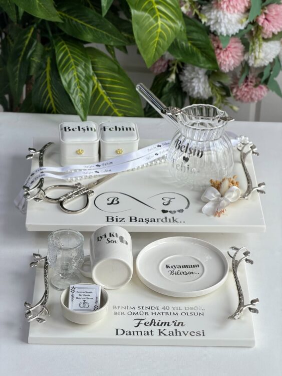 Gümüş yaprak model mermer tepsi seti damat kahvesi sunumu