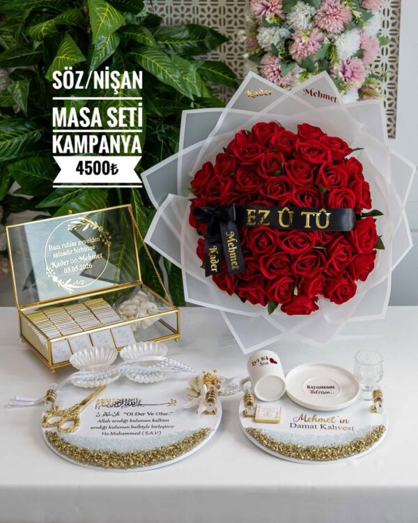 Royal kırmızı gül söz nişan çiçek çikolata tepsi seti taşlı pleksi konsept organizasyon seti
